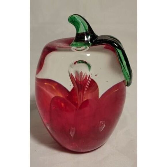 Joe Rice Art Glass Paperweight Red Apple Windowed Clear Glass w/ red floral NICE - Picture 1 of 16